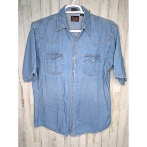 Vintage‎ Plains Western Wear Pearl Snap Shirt Large Button Up Tall Man Chambray